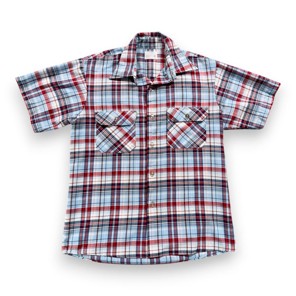 Vintage Big Mac Shirt Adult MEDIUM Blue Red Plaid Camp Collar Workwear 70s